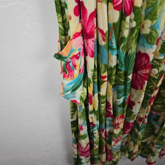Vtg Bila Tropical Green Button Down Dress Midi Length Floral Colorful Beach S - Picture 10 of 13